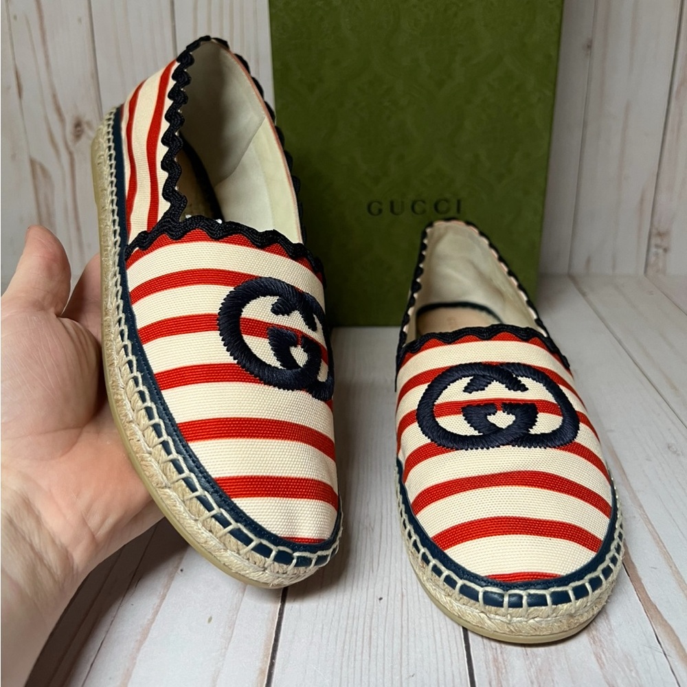 Gucci Interlocking G Striped Canvas Espadrille Flat Sz 40.5 / 10.5 - Picture 6 of 11